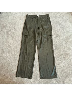 Zara Olive Green Vegan Faux Leather High Rise Straight Leg Cargo Pants 12 NWOT